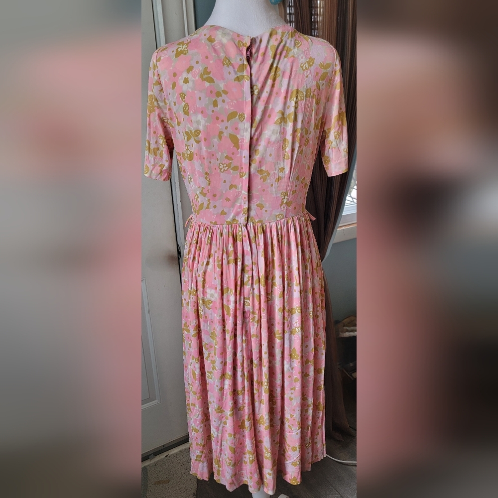 60s Vintg Midi Dress Womens 4 Pink Purple Tan Retro Floral Full Skirt Bow Detail - Picture 3 of 13